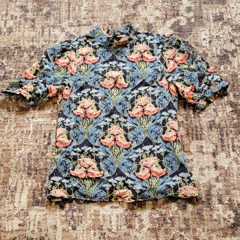 Meadow Rue Anthropologie 0 Black Blue Pink Floral Blouse Button